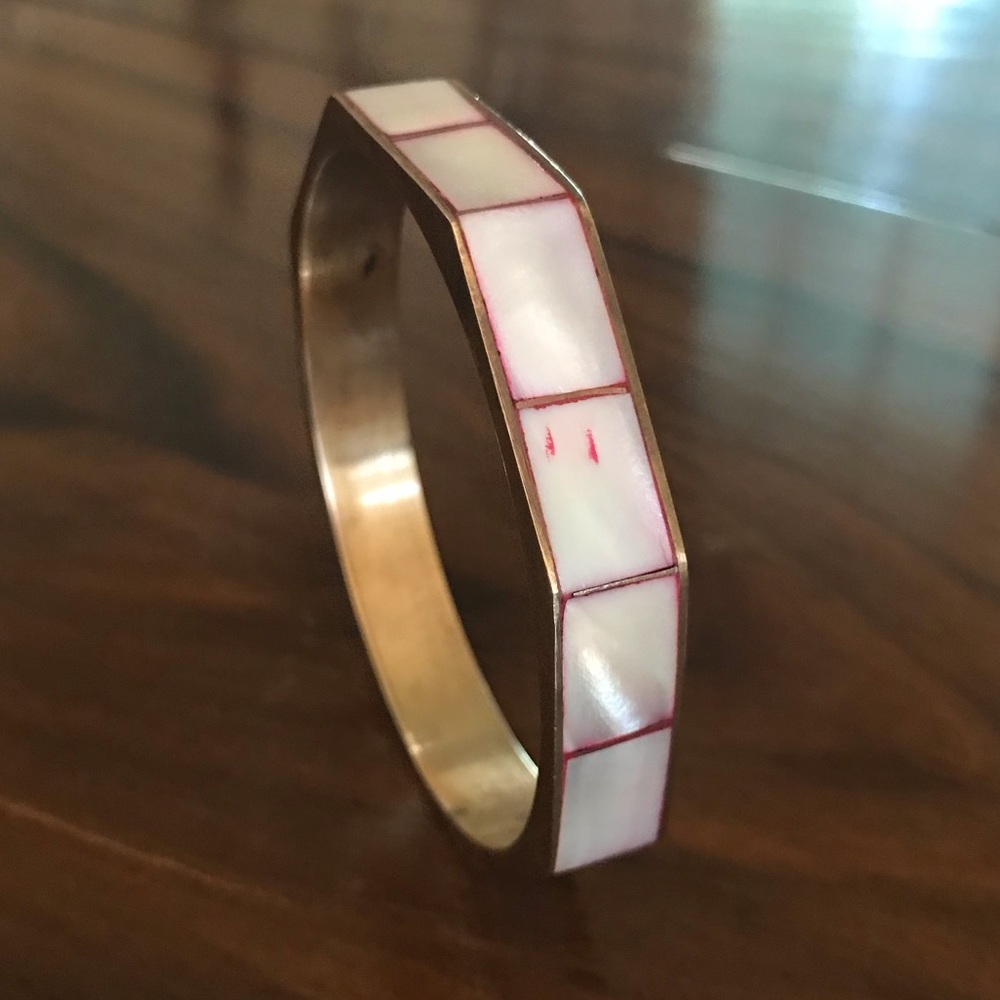 Vintage Octagonal Brass & pink shell/pearl bangle